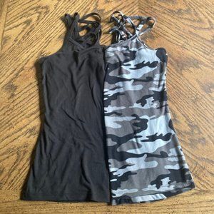 Black And Camo Crisscross Back Tank Tops (M)